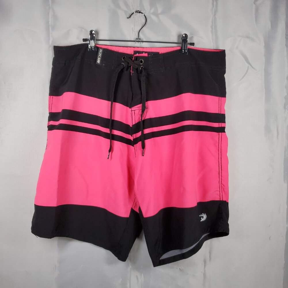 Pacific Surf Board Short Bright Pink Black Stripe Swim Trunk 1 Pocket Men Sz 36